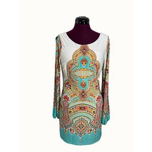 Arden B White & Turquoise Paisley Backless Long Sleeve Dress